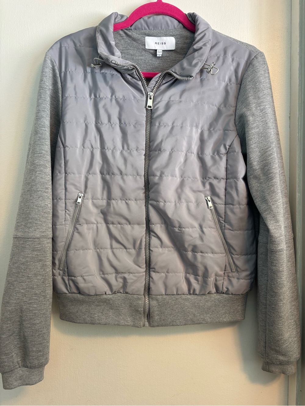 Reiss Women's Light Gray Quilted Hybrid Jacket with Knit Sleeves size 8